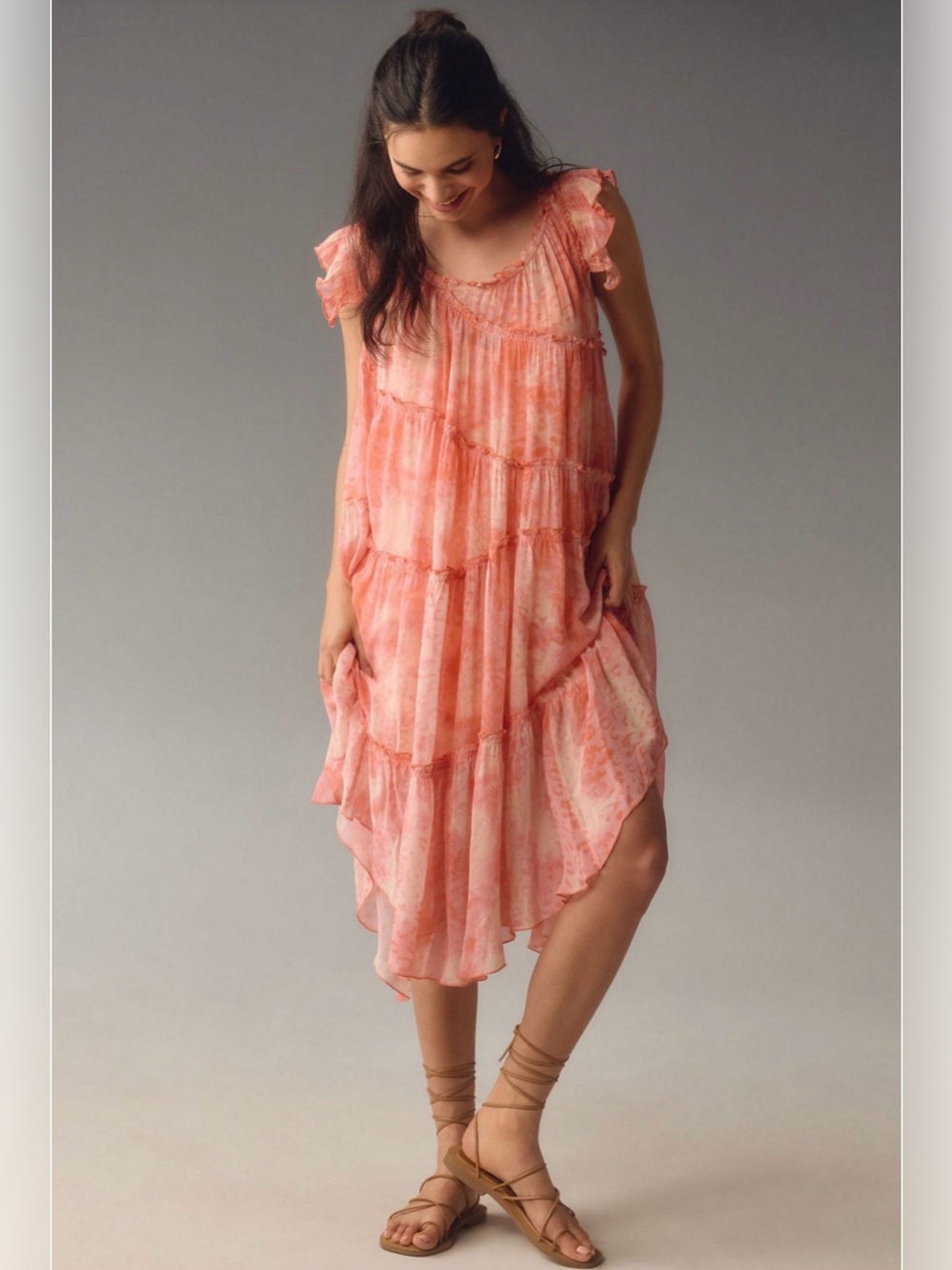 Anthropologie Pink Tiered Midi Dress Size S Sheer Ruffle Boho Romantic